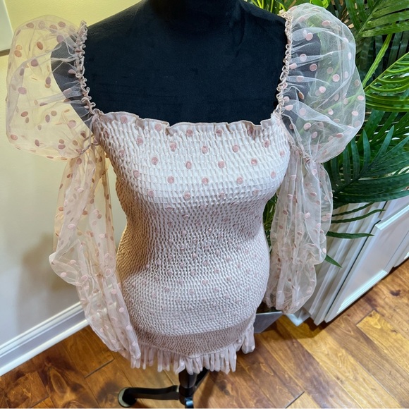 Love Song Thinking About Her Tan Polka Dot Dress w/ Sheer Long Sleeves Large - Picture 5 of 8